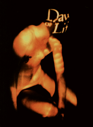 Nude reclining torso on a black background with the words - Dawn of Life - where it's head should be